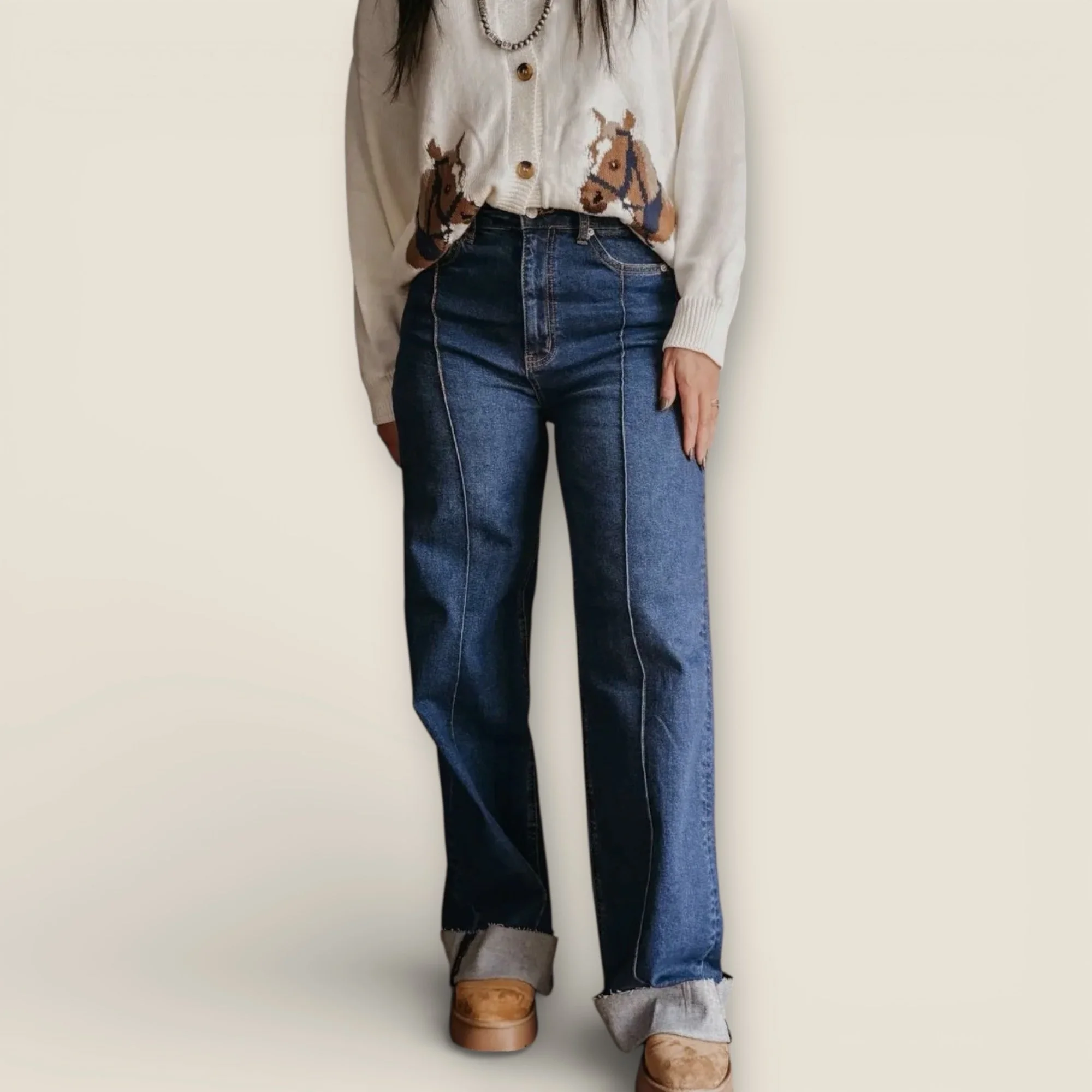 Women Retro Turn-Up Hem Wide-Leg Front Seam Jeans