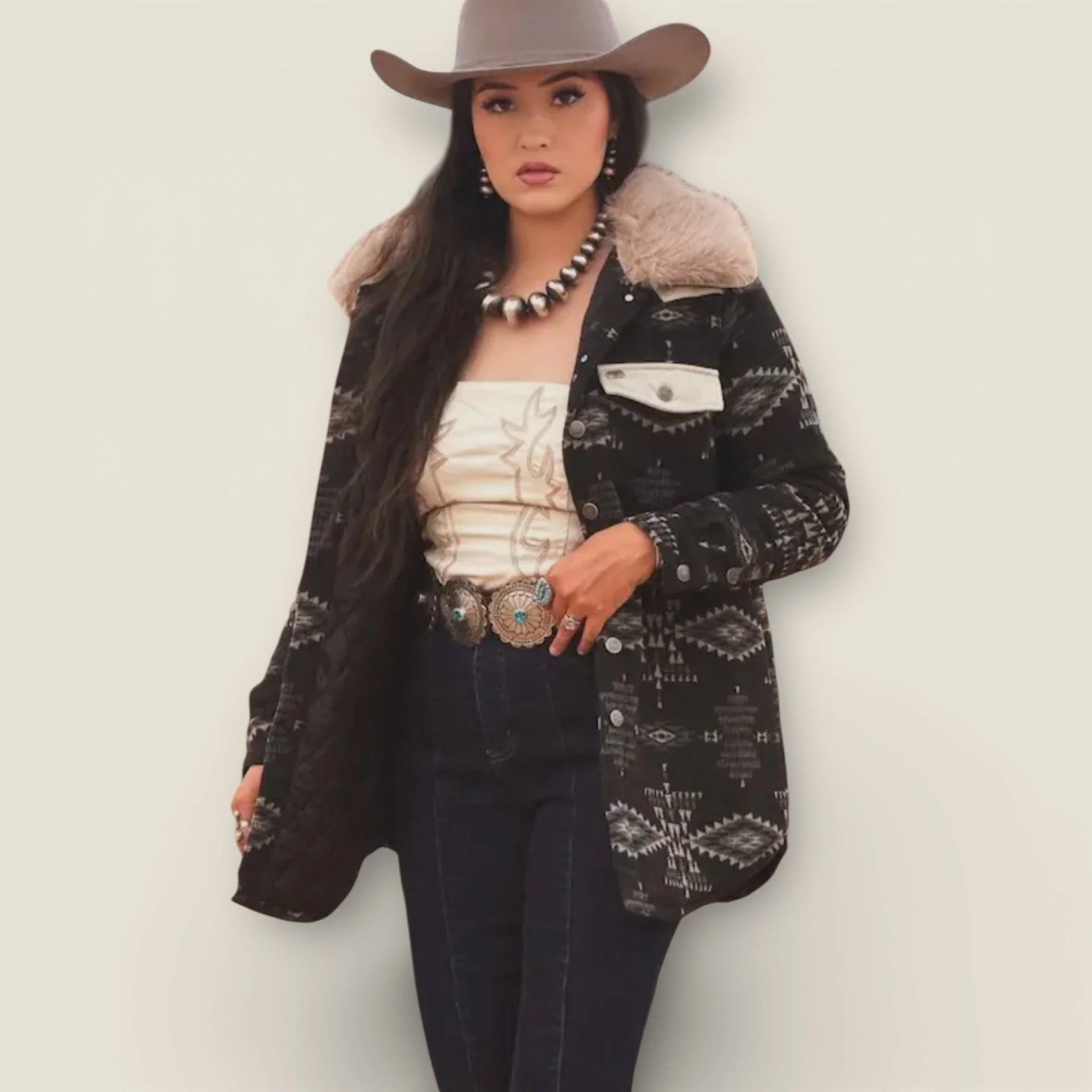 Black Ivory Aztec Blend Quilted Lined Fur Collar