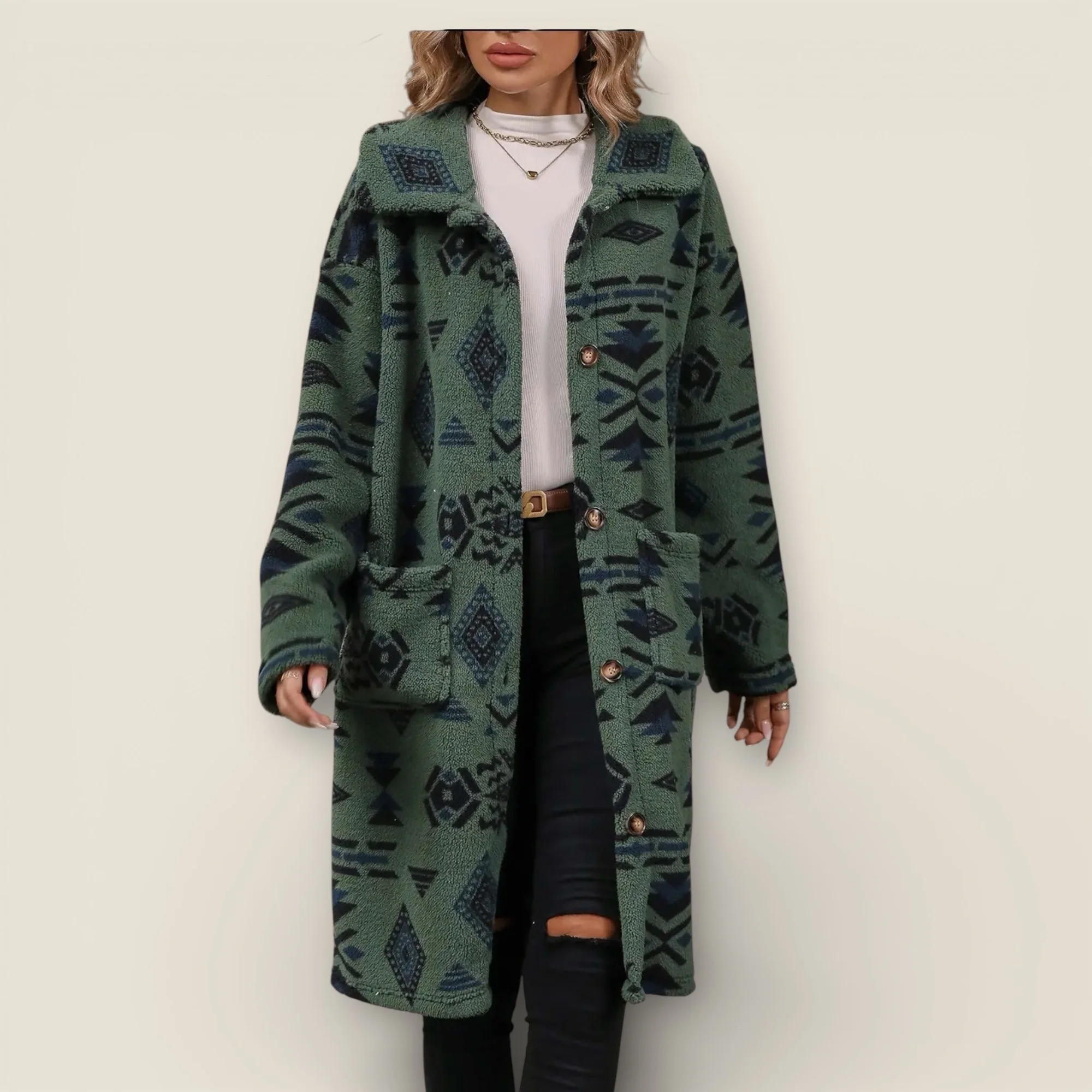 Aztec faux fur lapel longline teddy coat