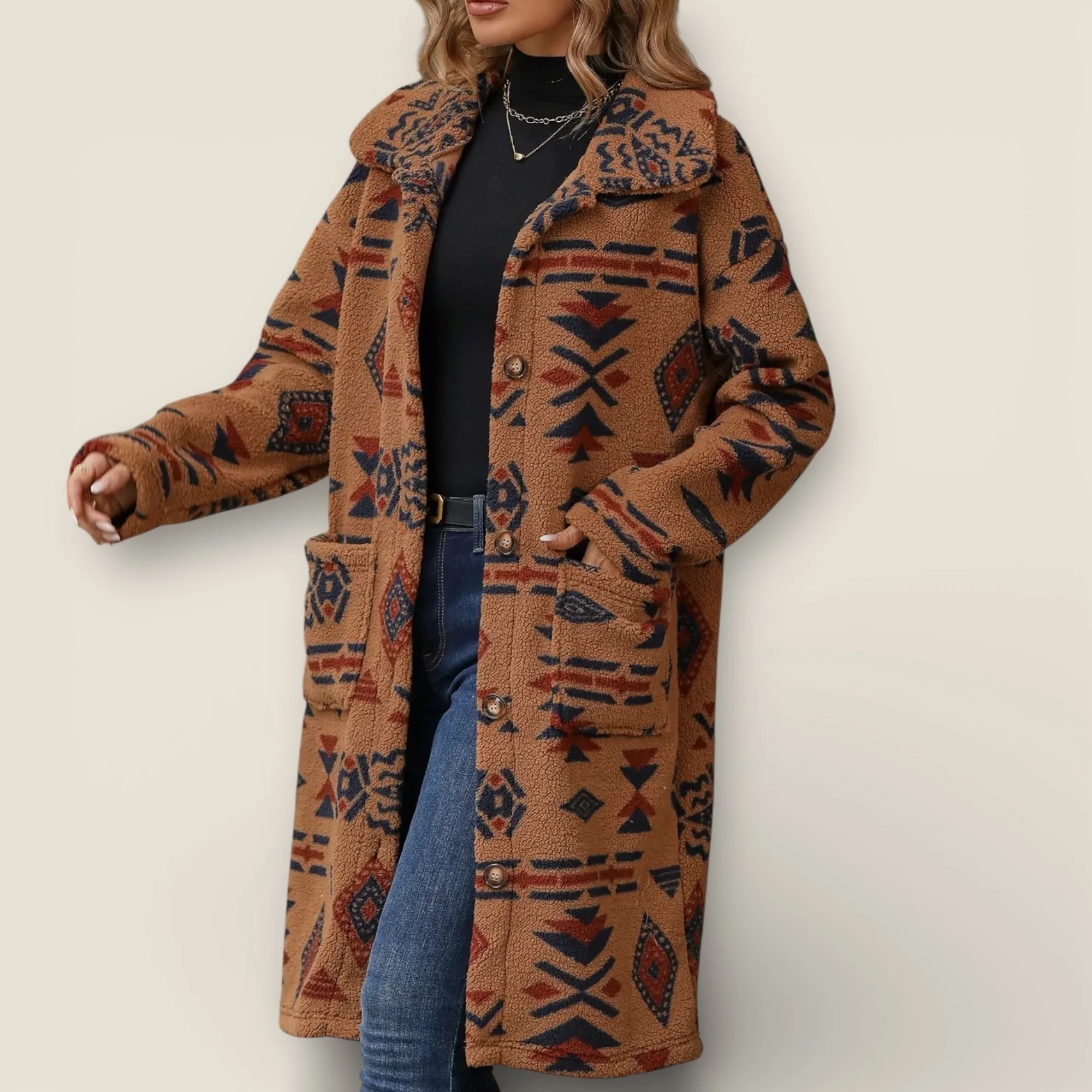 Aztec faux fur lapel longline teddy coat