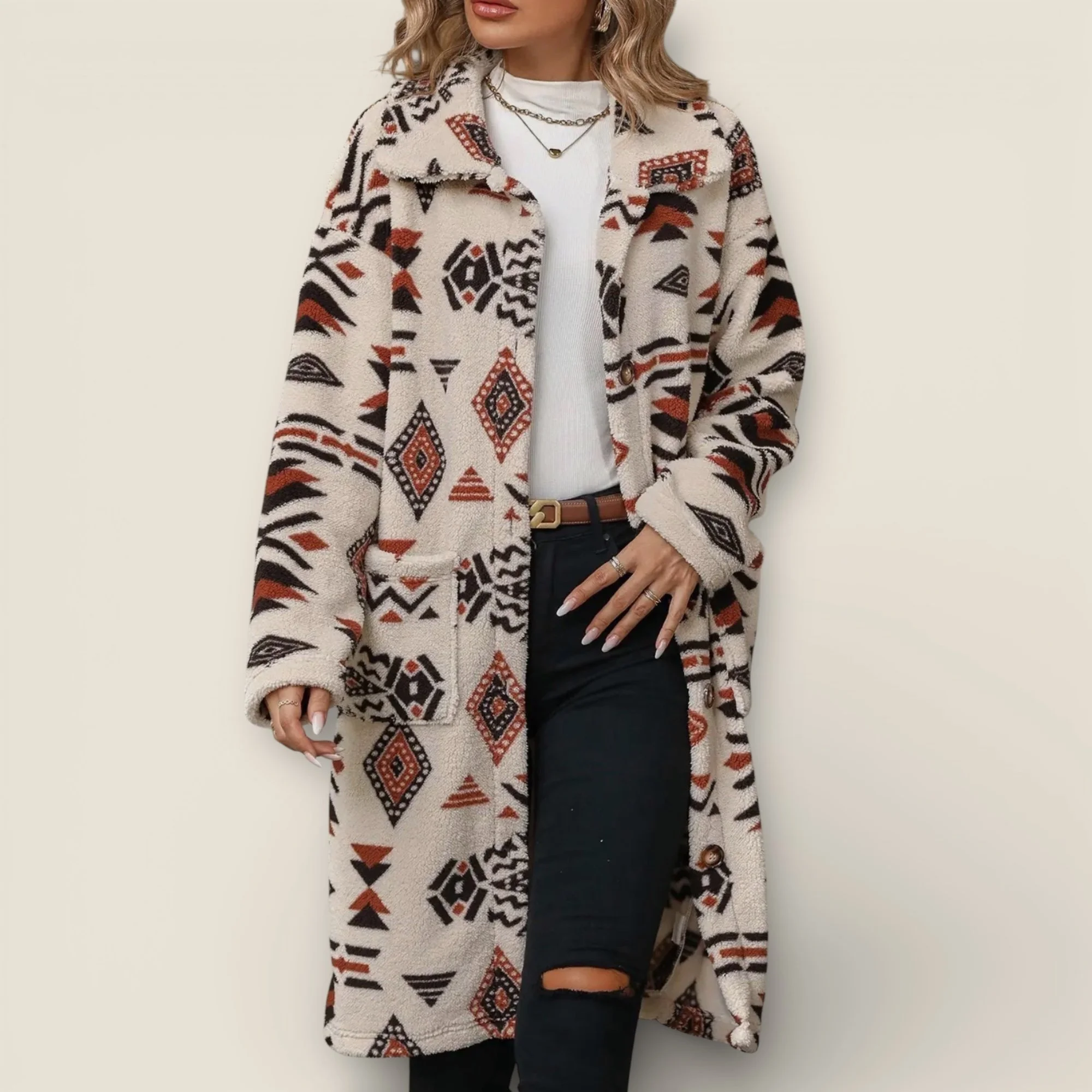 Aztec faux fur lapel longline teddy coat