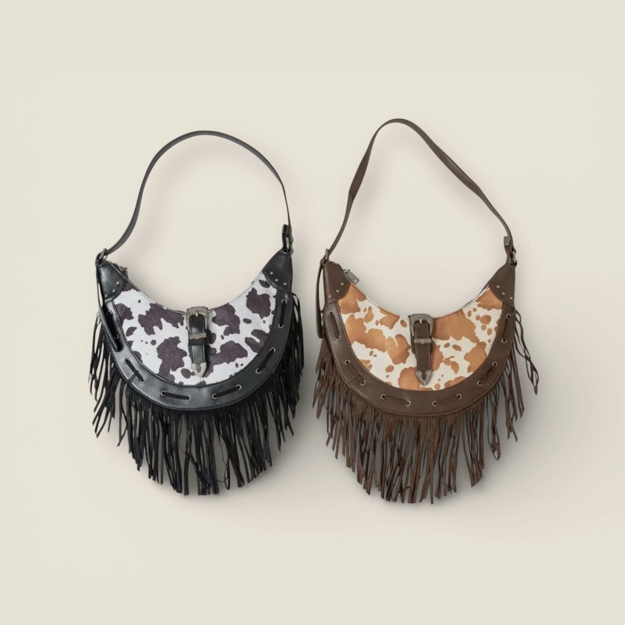 Cow Print Leather Fringe Hobo Bag