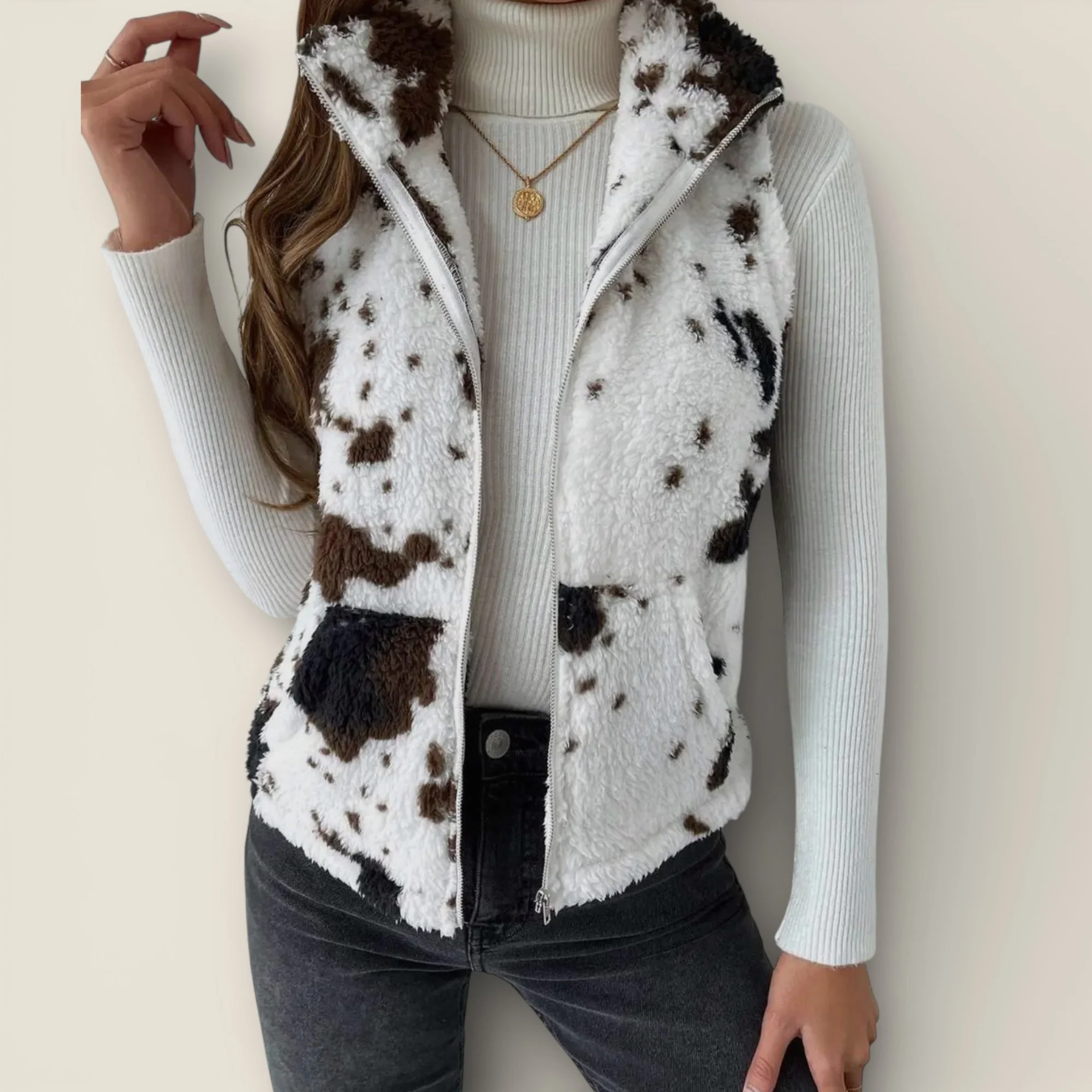 Cow Print Fleece Zip Vest