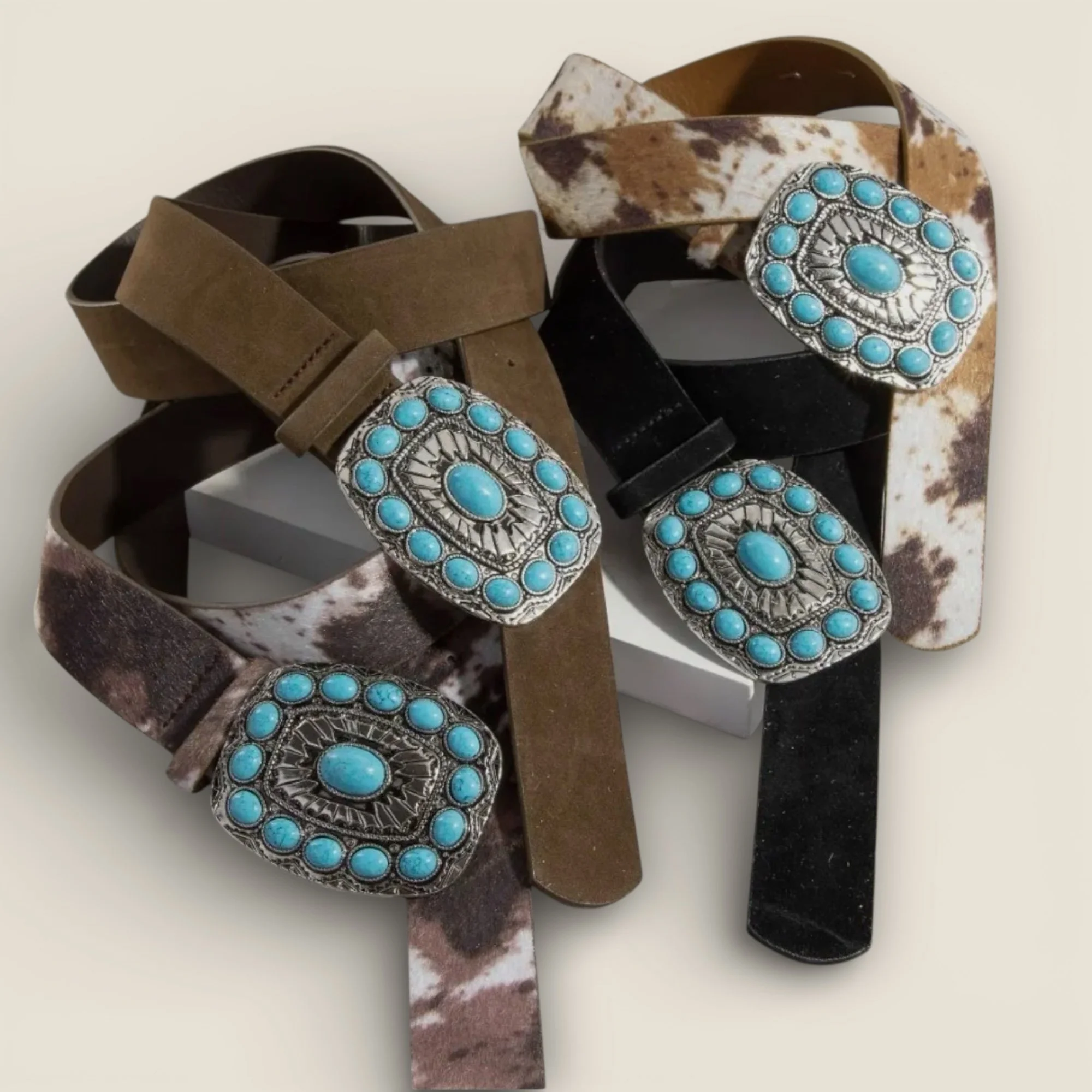 Turquoise Stone Western Concho Buckle Vegan Leather Belt