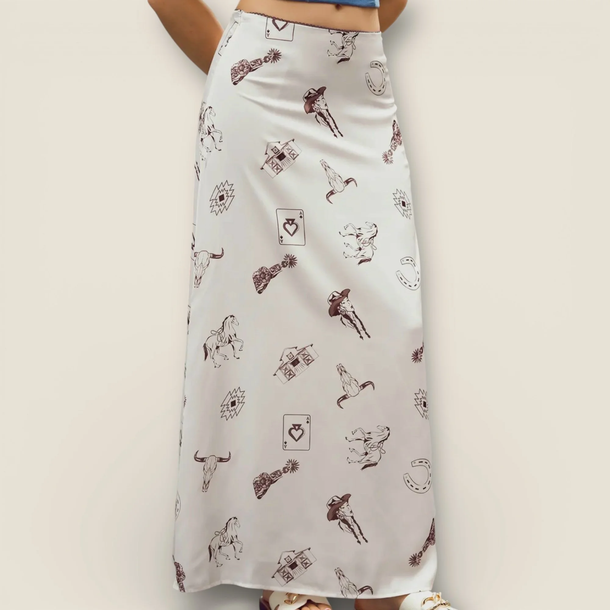 Western Print Satin Long Skirt