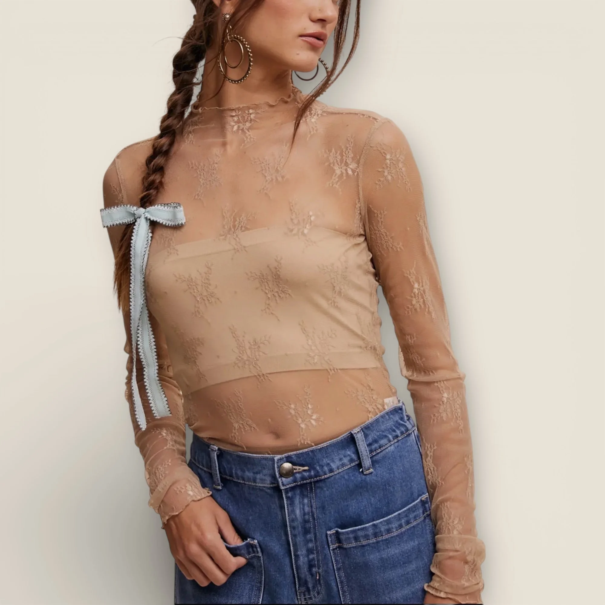 Sheer Lace Long-Sleeve Top