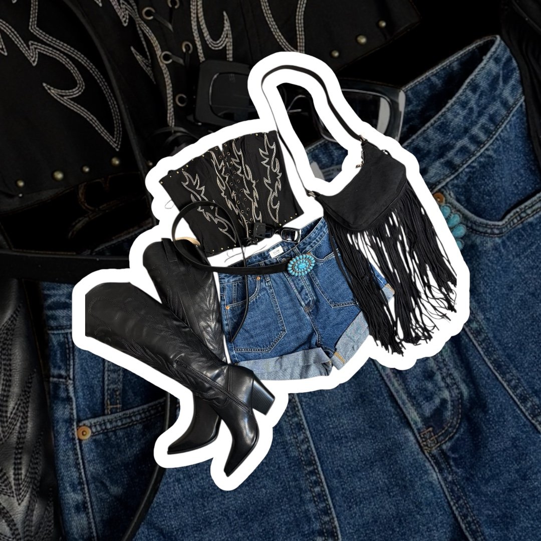 Close-up of a person wearing blue jeans, with a collage of alternative fashion accessories overlaying the image. The accessories include black high-heeled boots, a black bandana with white patterns, black sunglasses, a black fringed bag, and a turquo
