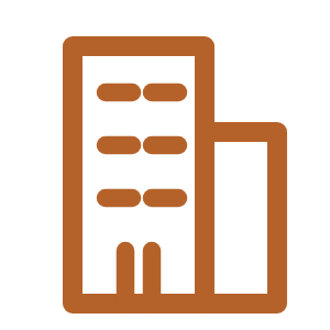 Illustration of a tall building and a shorter building, both depicted with multiple windows, in brown outline.