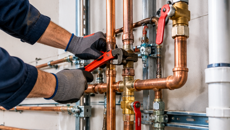 Worker repairing copper and brass plumbing pipes with a wrench.