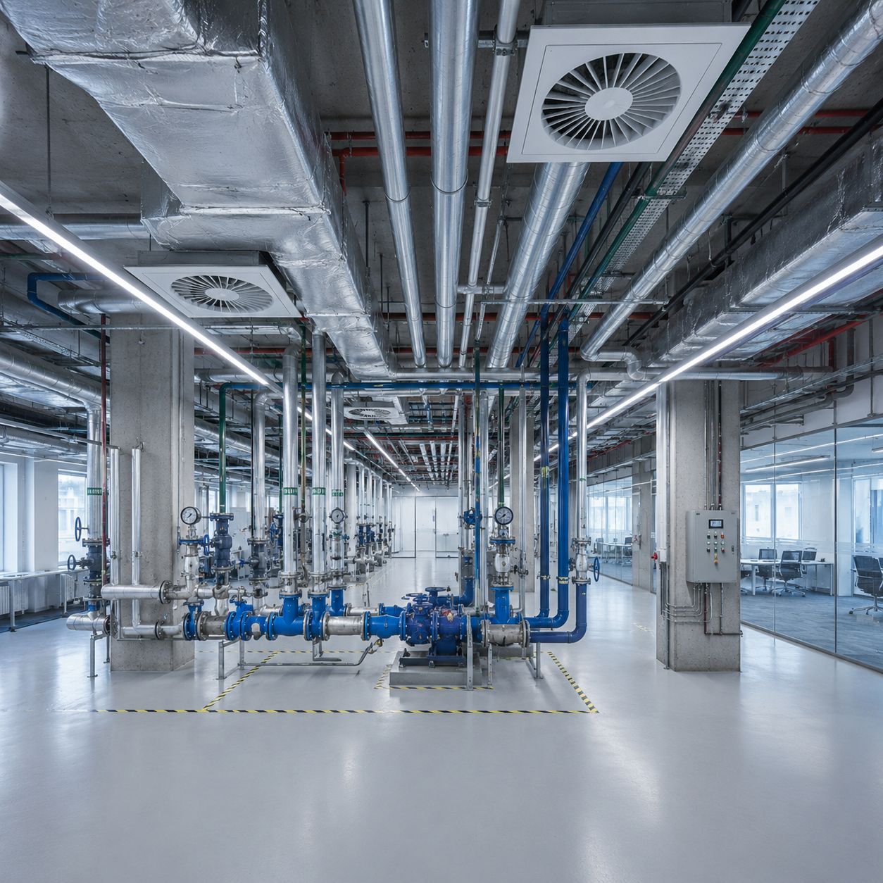 Industrial room with pipes, valves, and gauges, featuring ventilation fans on the ceiling and a control panel on the wall.