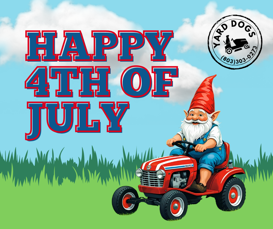 Colorful 4th of July greeting with a cartoon gnome wearing a red hat, riding a red tractor, against a background of a blue sky with clouds and green grass, and a circular yard dog stamp in the upper right corner.
