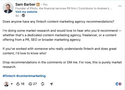 Screenshot of Sam Barber's LinkedIn post asking for fintech content marketing recommendations