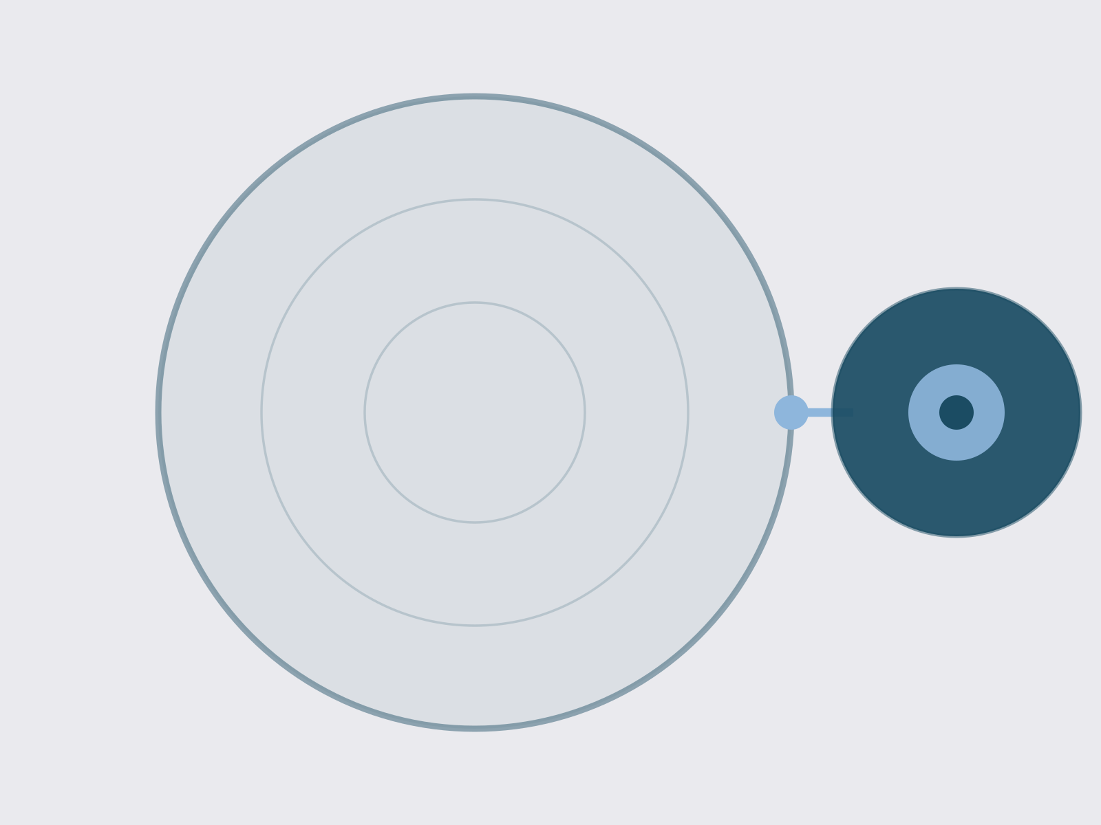 A graphic illustration of a nuclear atom with a small nucleus and electrons orbiting in multiple shells.