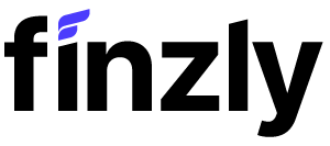 Close-up of a black and blue Finzly logo on a white background.