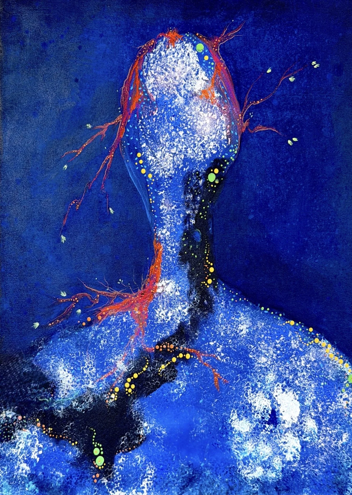 Faceless portrait painting in cobalt blue with raised textures, branching tendrils, and glowing galaxies embedded within the figure’s form.