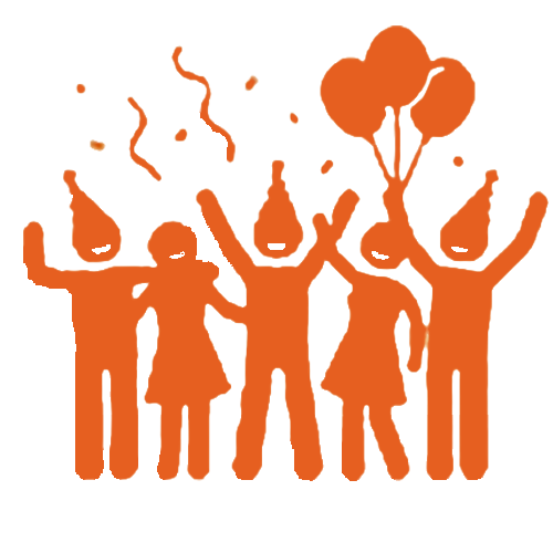 Silhouettes of five people celebrating a birthday with party hats and confetti, some with hands raised and one with a balloon covering his head.