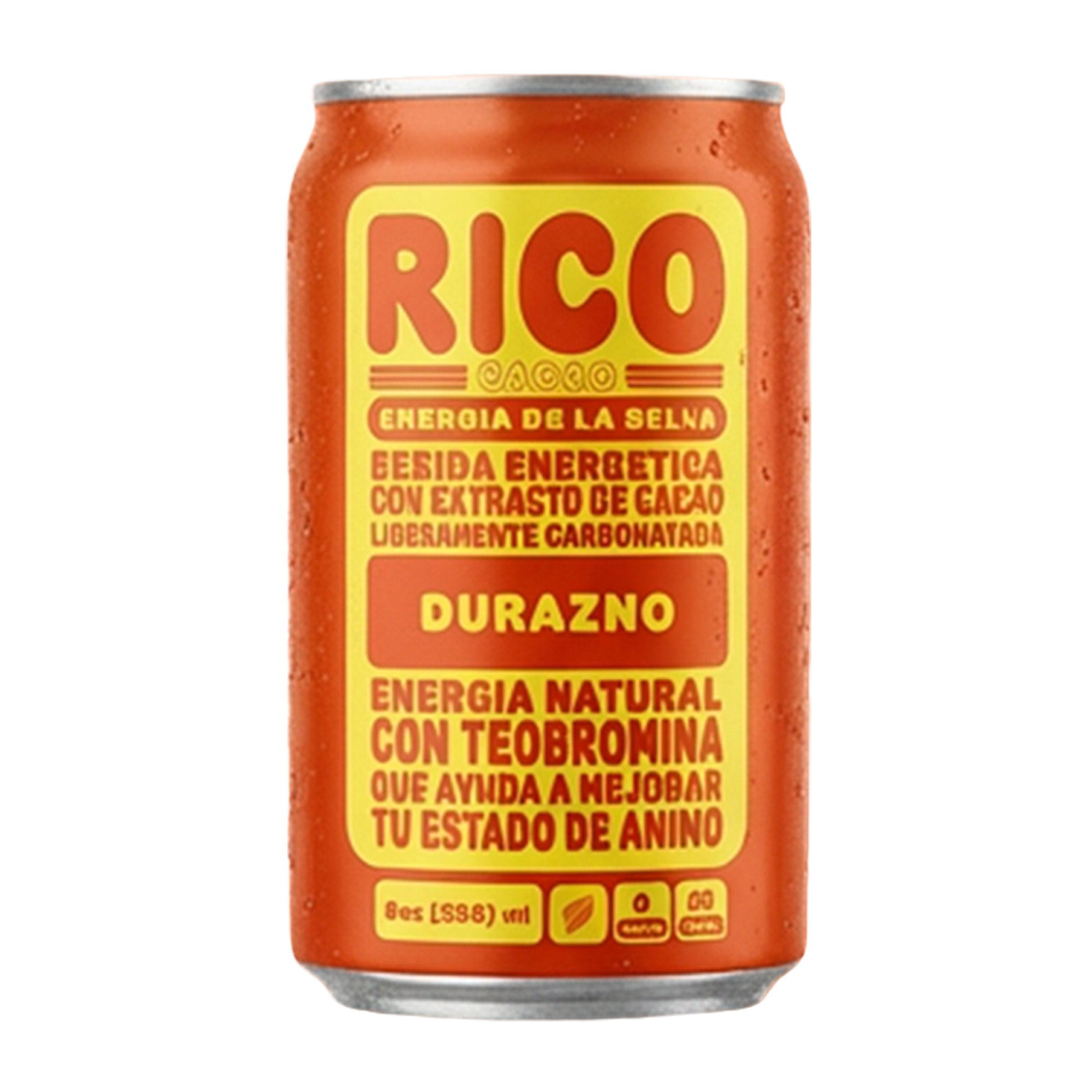 Can of Rico Cacao, Durazno peach-flavored natural energy drink with cacao extract, featuring yellow background with red and orange text.