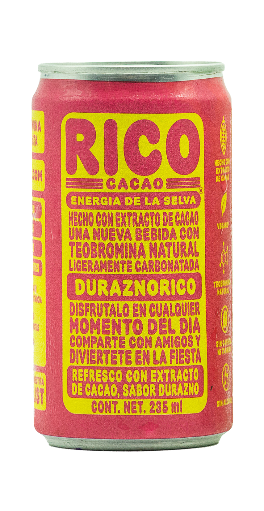 Lata de bebida de durazno con extracto de cacao, sabor durazno, 235 ml.