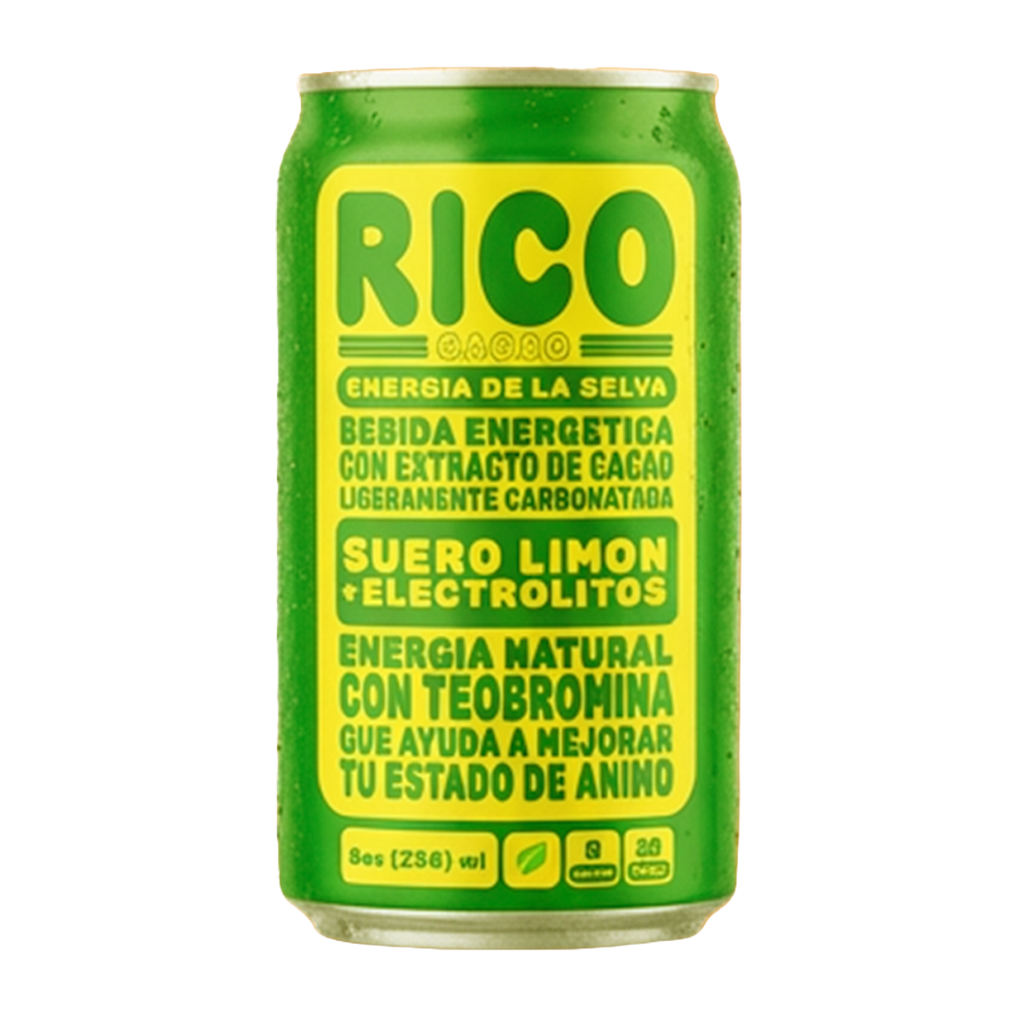 A green can of Rico Cacao energy drink with yellow and green text, highlighting ingredients like lemon juice and electrolytes, and mentioning natural energy with teobromine.