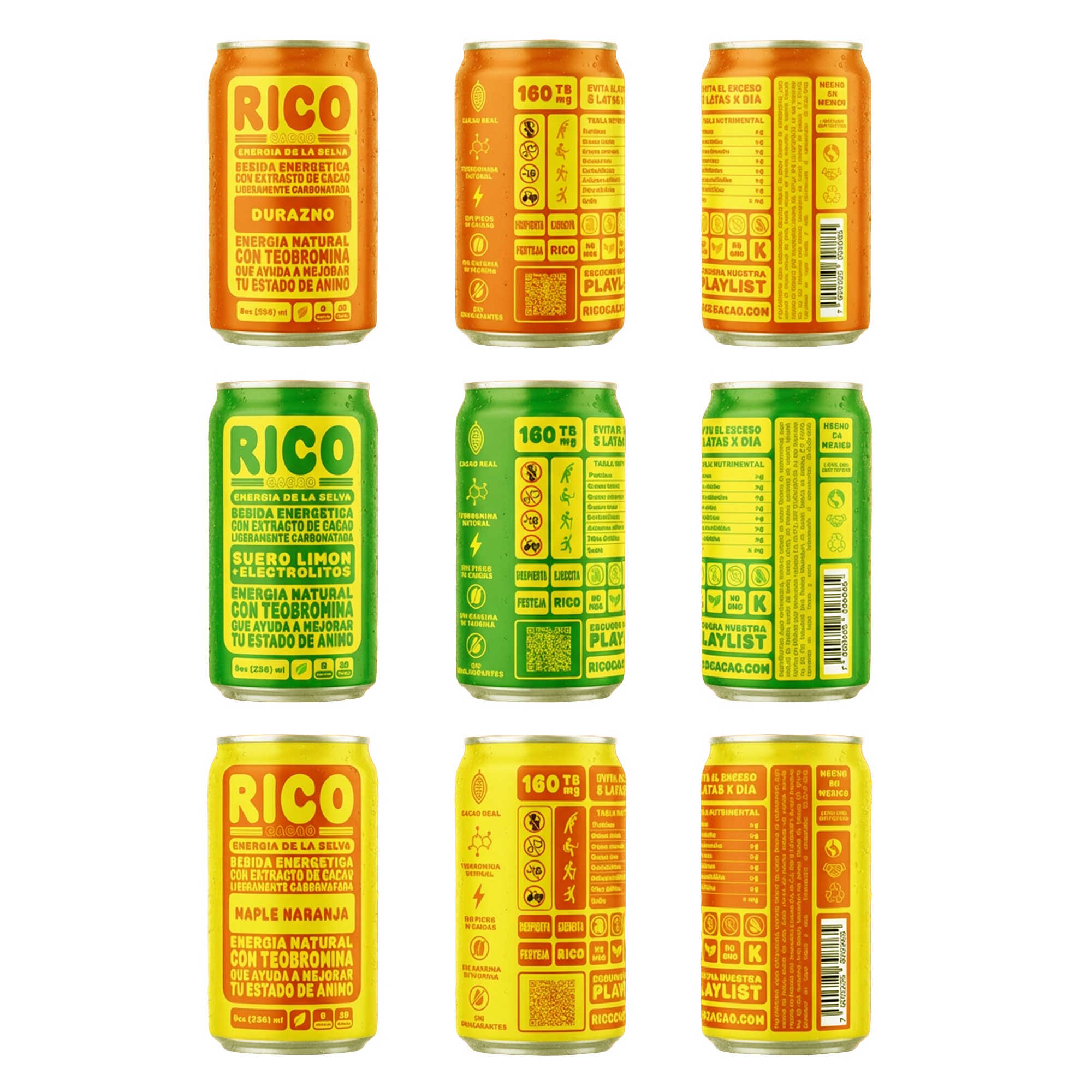 Three cans of Rico energy drinks in orange, green, and yellow flavors, showing the front and back labels with nutritional information and branding.