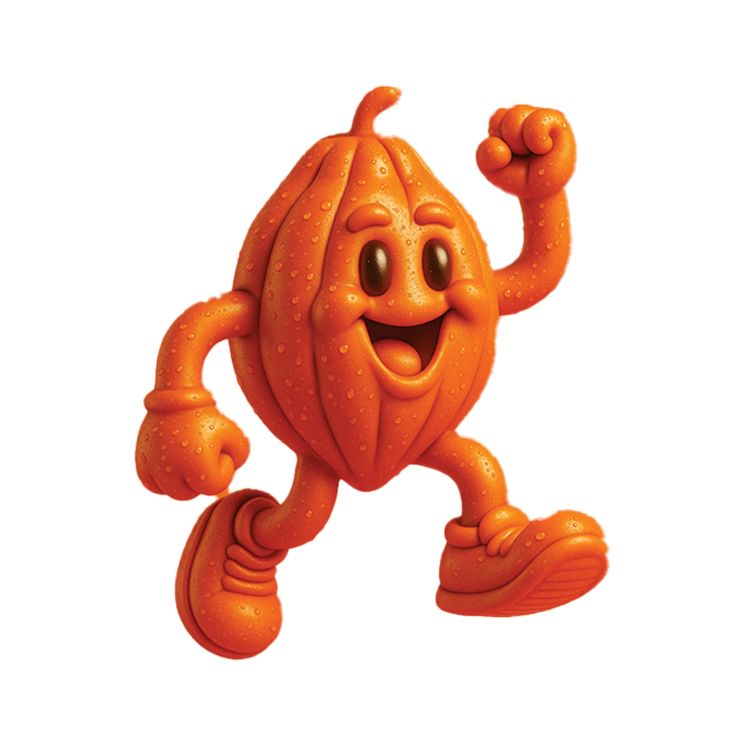 Animated character resembling a pumpkin with a smiling face, arms, legs, and sneakers, raising one arm in a fist.