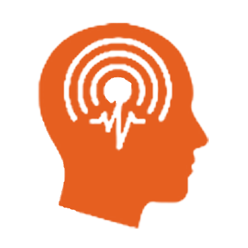 An orange silhouette of a human head with a brainstem, radio waves emanating from the brain, and a keyhole inside the brain, symbolizing mental focus or cognition.