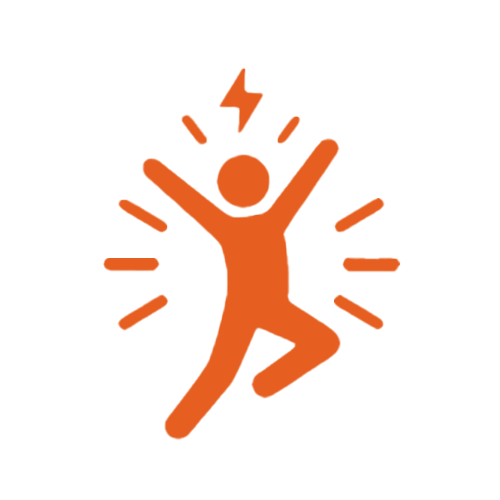 Illustration of a person jumping with a lightning bolt above their head, surrounded by lines indicating energy or excitement.