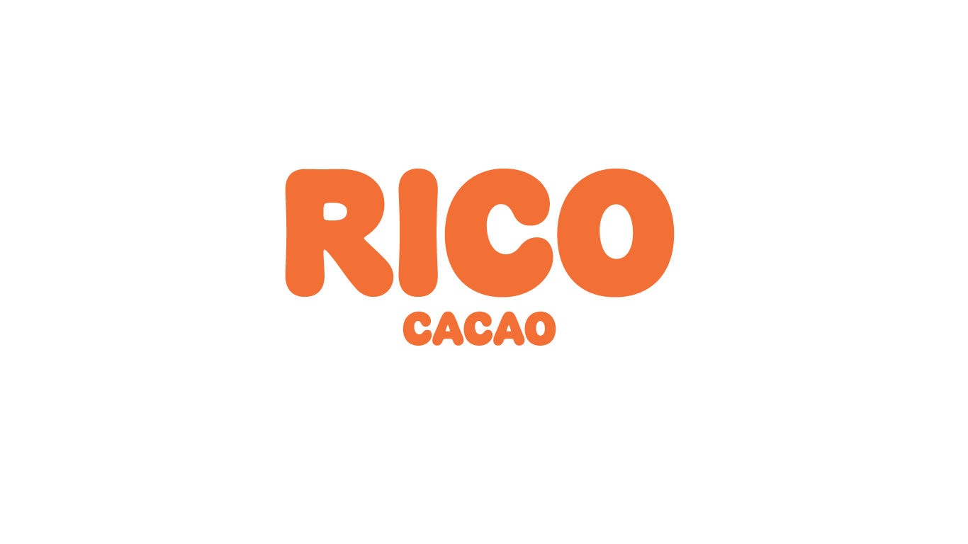 Logo for Rico Cacao in black and brown font on a white background.