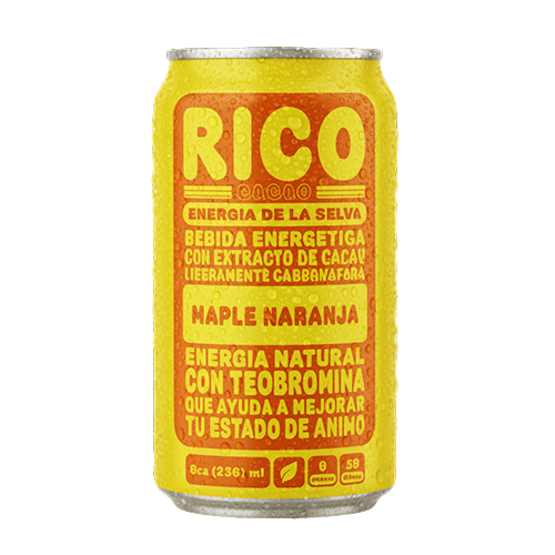 Energy drink can labeled 'Rico Cacao' with orange and red text, featuring flavors 'Maple Naranja' and descriptions in Spanish of natural energy from  cacao extract. Bold and fantastic.