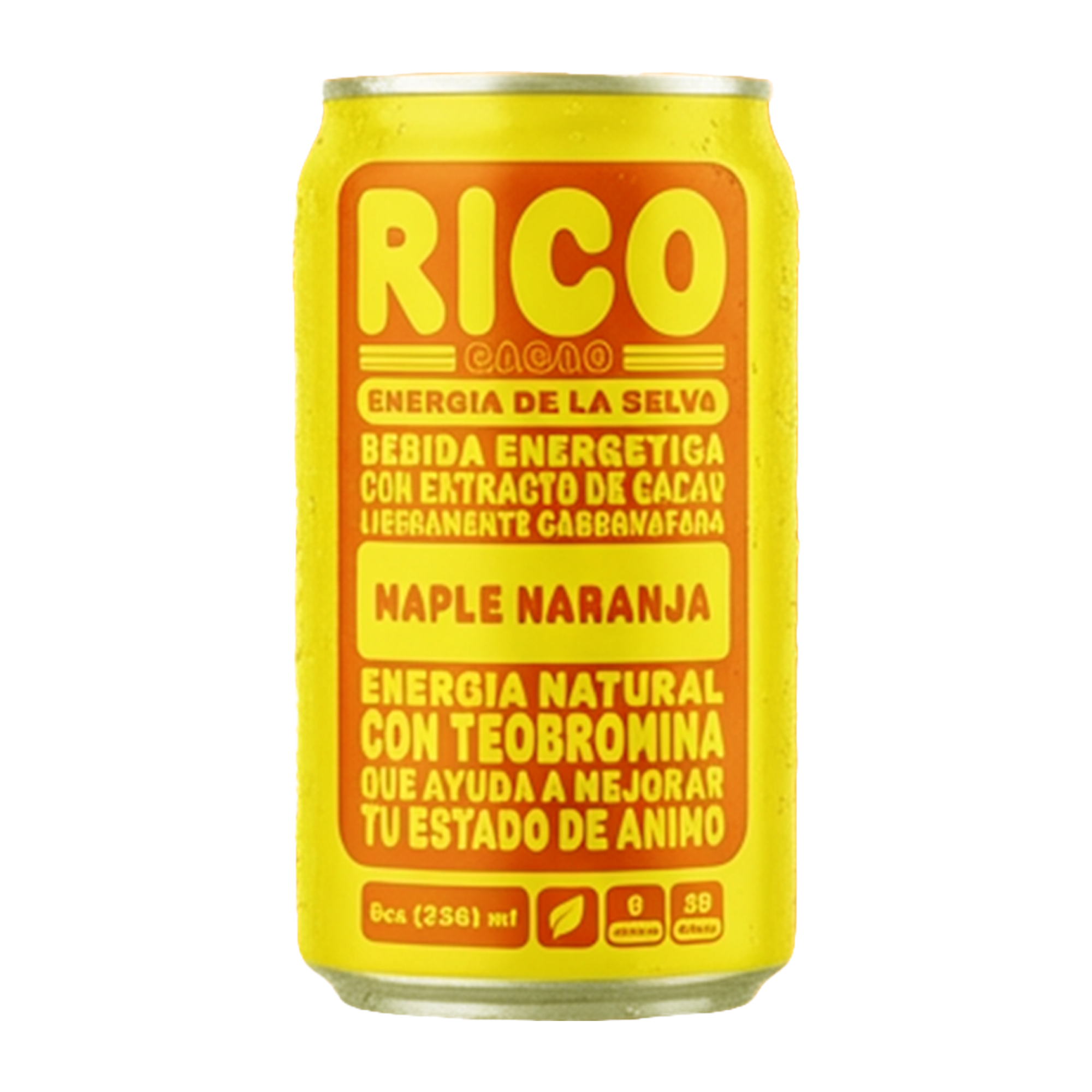 A can of Rico Cacao drink, with yellow and orange packaging, labeled as a natural energy beverage with orange and cacao extract, containing 8oz 236ml