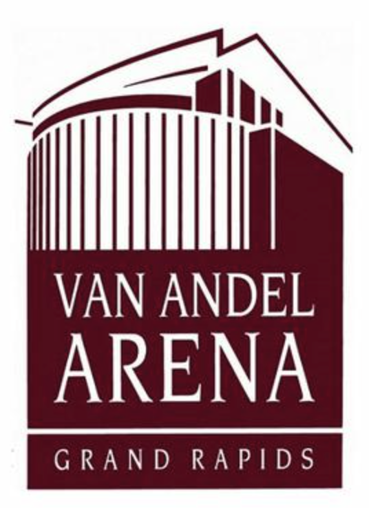 Logo for Van Andel Arena in Grand Rapids featuring an abstract depiction of the arena's building with bold lines and the venue's name.