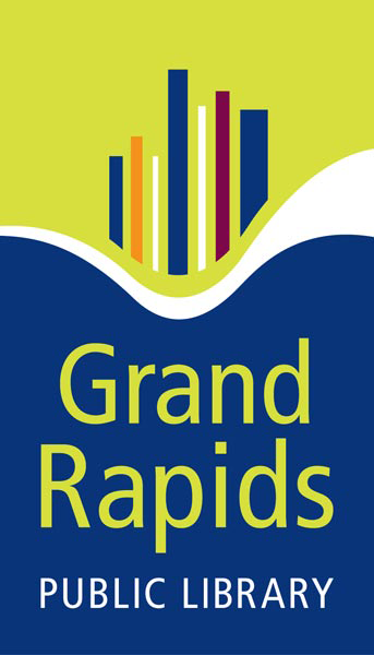 Grand Rapids Public Library logo with stylized books and waves in green, blue, white, yellow, and purple.
