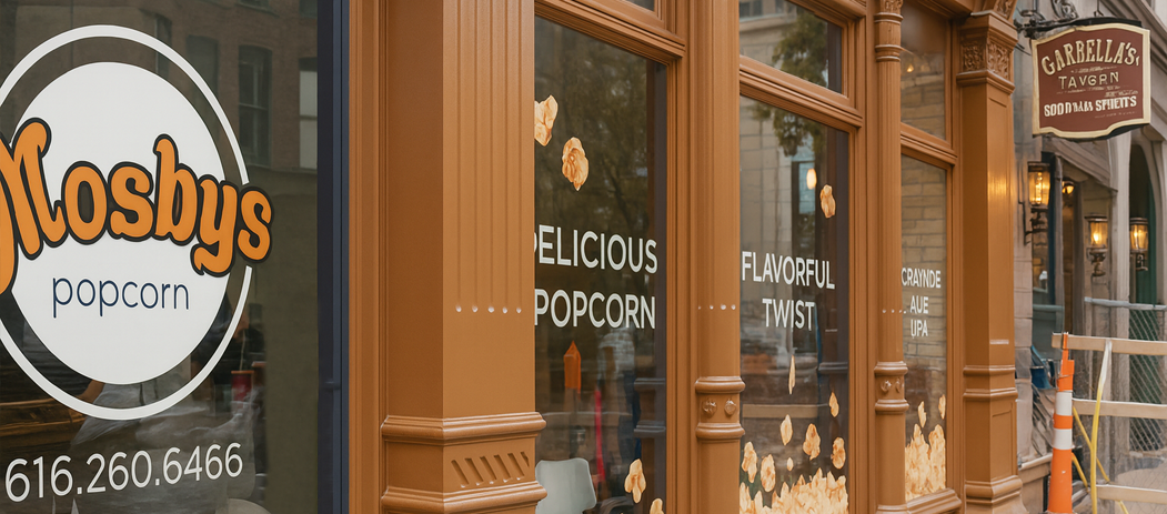The storefront of Mosby's Popcorn, featuring large windows with popcorn decorations and advertisements for delicious, flavorful popcorn, and the contact number 616.260.6466.