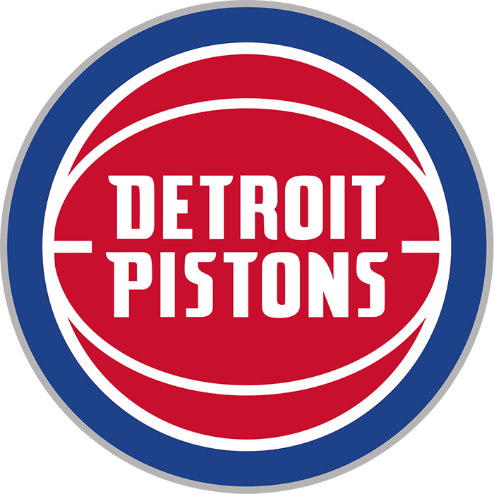 Detroit Pistons logo with blue, red, and white circular design and text.