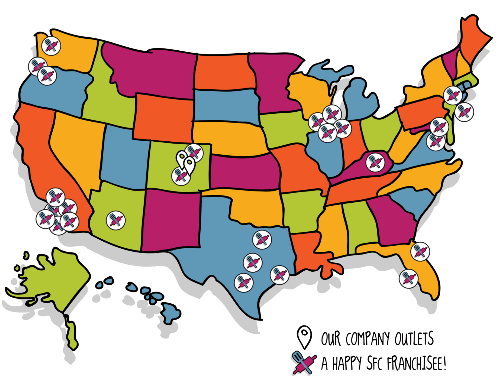 Map of the current sticky fingers cooking franchises across the United States.