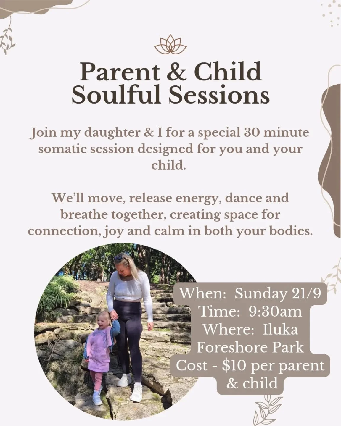 ✨ Parent Child Somatic Session ✨

This Sunday, my daughter &amp; myself are guiding a 30-minute somatic session for you and your child.

Together, we&rsquo;ll explore:
🌿 Energy shakes to let stress move through the body
💃 A joyful dance to connect 