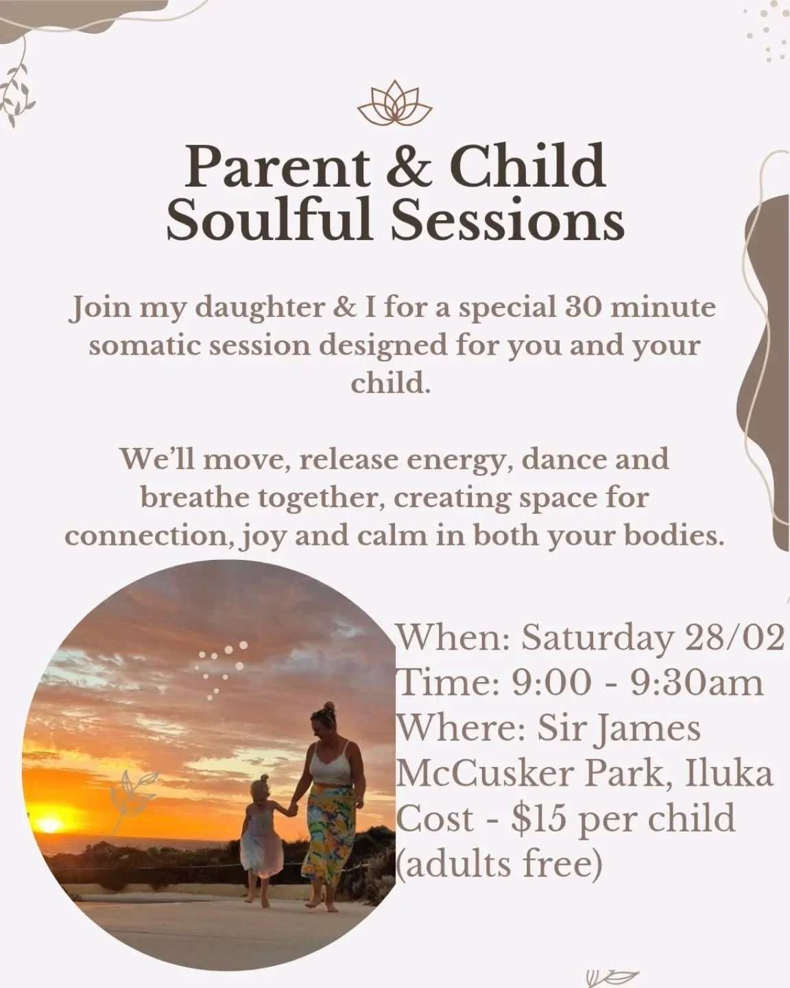 ✨ Parent Child Somatic Session ✨

This Saturday my daughter &amp; myself are guiding a 30-minute somatic session for you and your child.

Together, we&rsquo;ll explore:
🍃 Energy shakes to let stress move through the body
💃 A joyful dance to connect