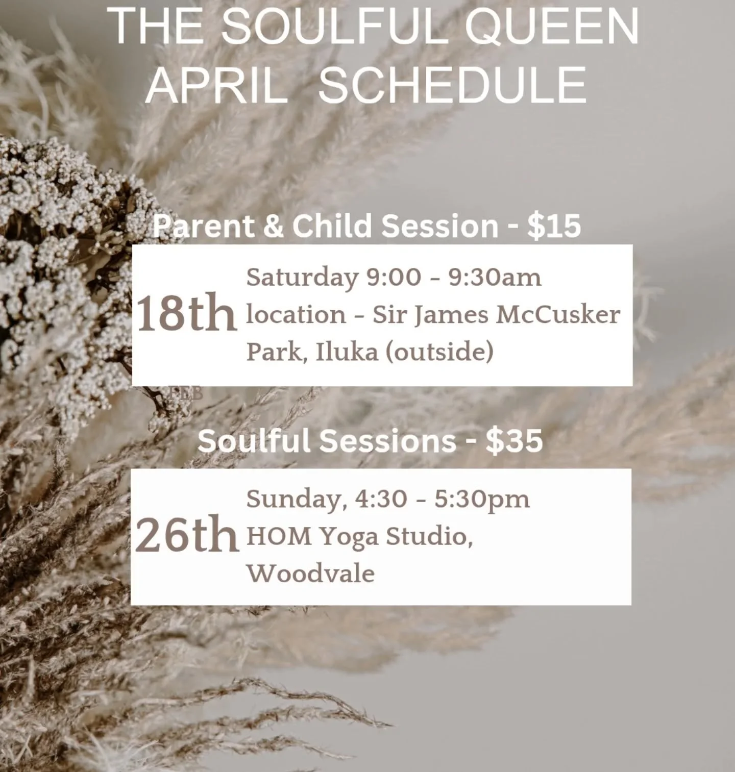 The rest of sessions for April ✨️ 

🤎 Parent &amp; child sessions 
A gentle, playful 30-minute session designed for parents and children to connect and explore somatic practices together.
(Will be run by myself &amp; my 4 year old daughter)

💛 Adul