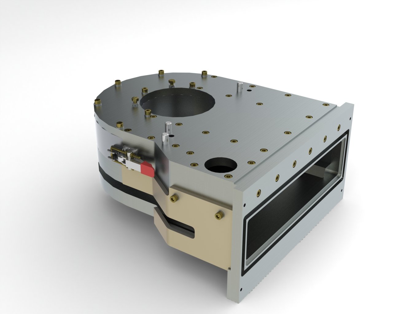 Technisches Gerät, vermutlich eine mechanische oder elektronische Komponente, mit mehreren Schrauben, Metallteilen und einer schwarzen Öffnung, auf weißem Hintergrund.