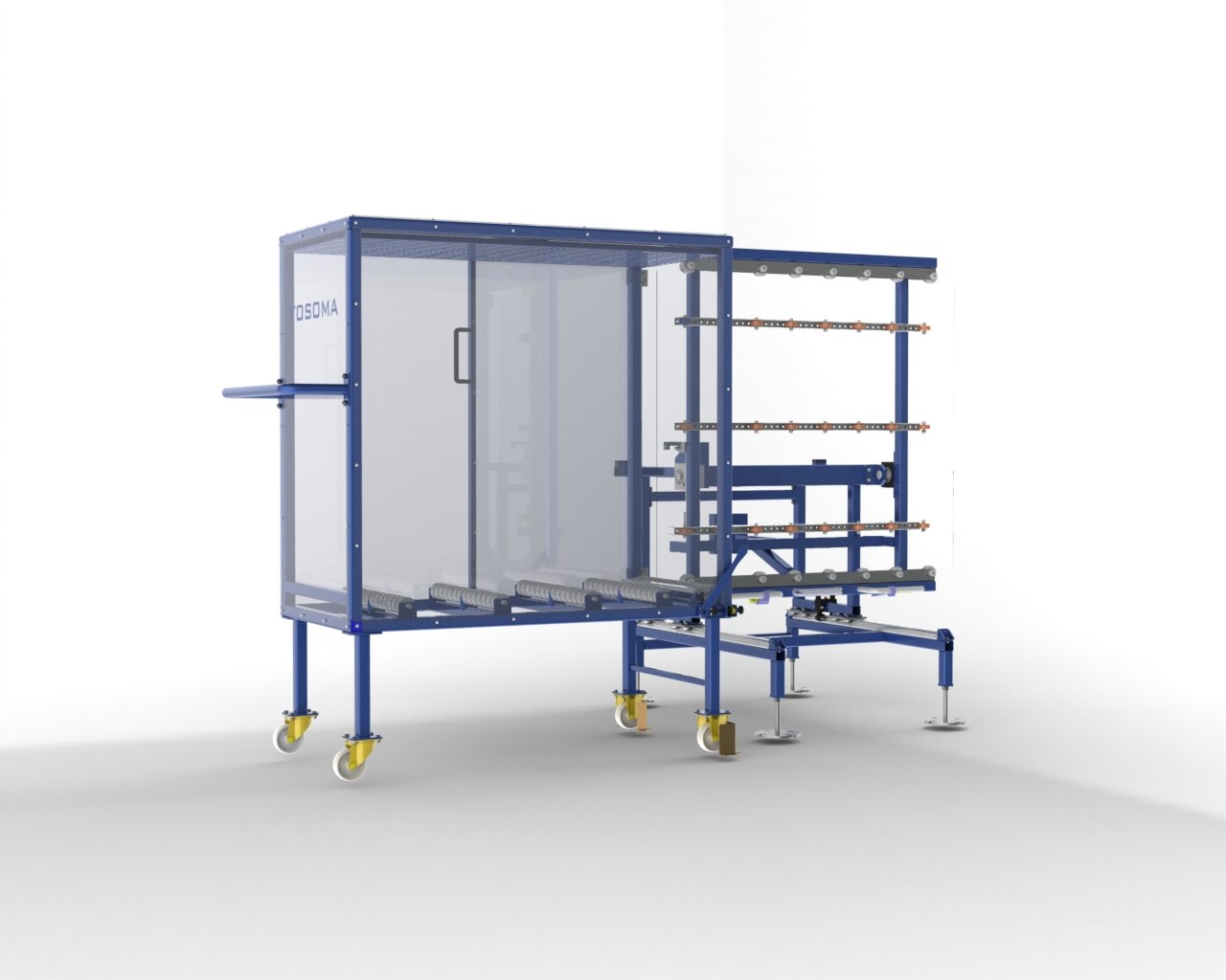Ein fahrbares Testgerät mit transparentem Gehäuse, blaue Metallrahmen und Rollen, hauptsächlich für die Simulation oder den Test von Eingabegeräten oder Reibungstests.