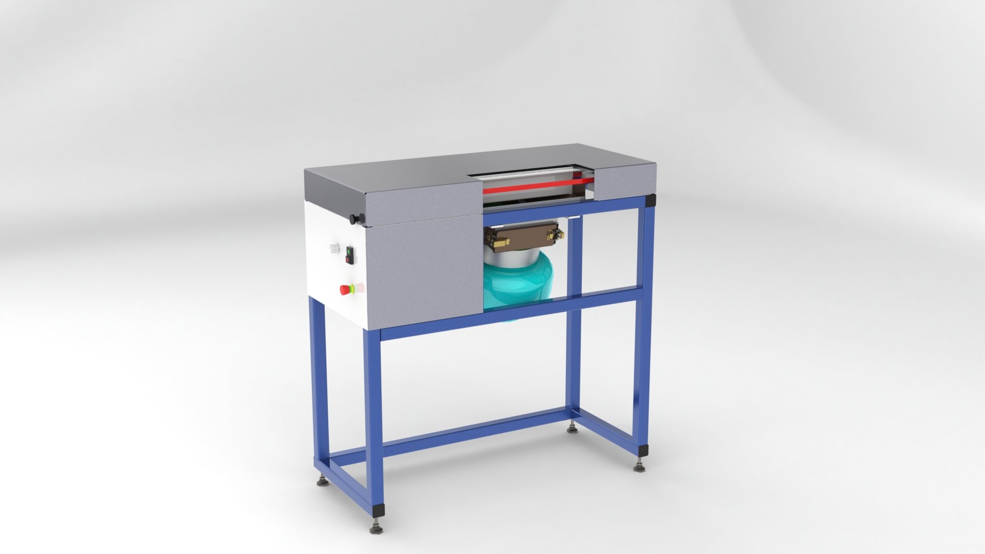 Industrielle Maschine mit blauer Stahlkonstruktion, grauer Oberseite, Steuerknöpfen auf der Seite, und einem transparenten Behälter in der Mitte, isoliert auf weißem Hintergrund.