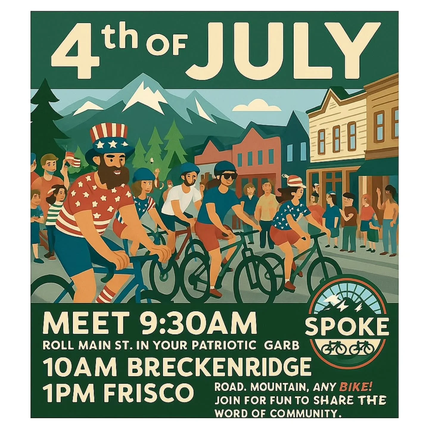 🎆 SPOKE 4TH OF JULY PARADE RIDE &ndash; LET&rsquo;S ROLL DEEP! 🎆

This is the one, folks. I&rsquo;ve heard so many of you ask for a fun, low-stress ride where everyone&mdash;mountain, road, gravel, cruiser&mdash;can roll together. This is it.

Spok