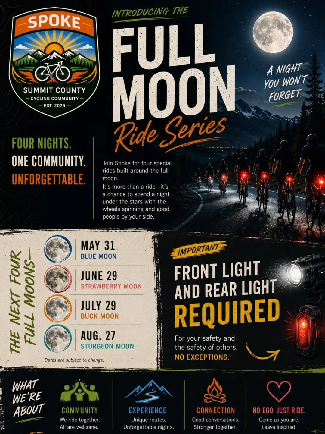 🌕 Introducing the Spoke Full Moon Ride Series

We did this once last year, and it was one of those rides people kept talking about.

Quiet roads. Cool night air. Lights rolling together. Stars overhead. Wheels spinning. Good people by your side.

So