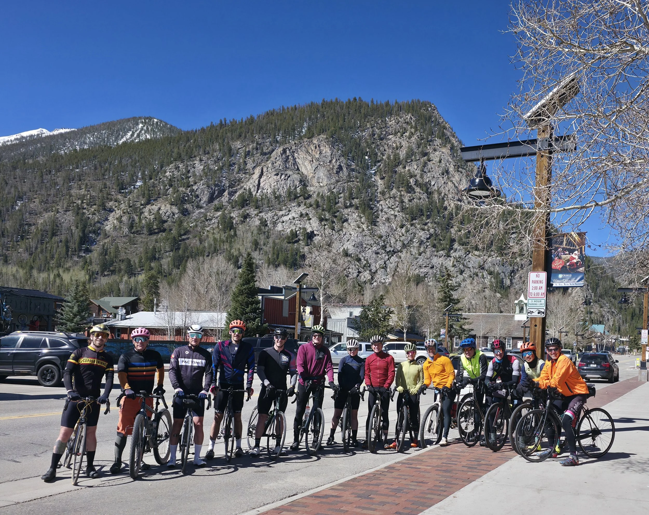 A group of Spoke cyclists gathered in Frisco, Colorado before a chilly Saturday Social Ride in early May.