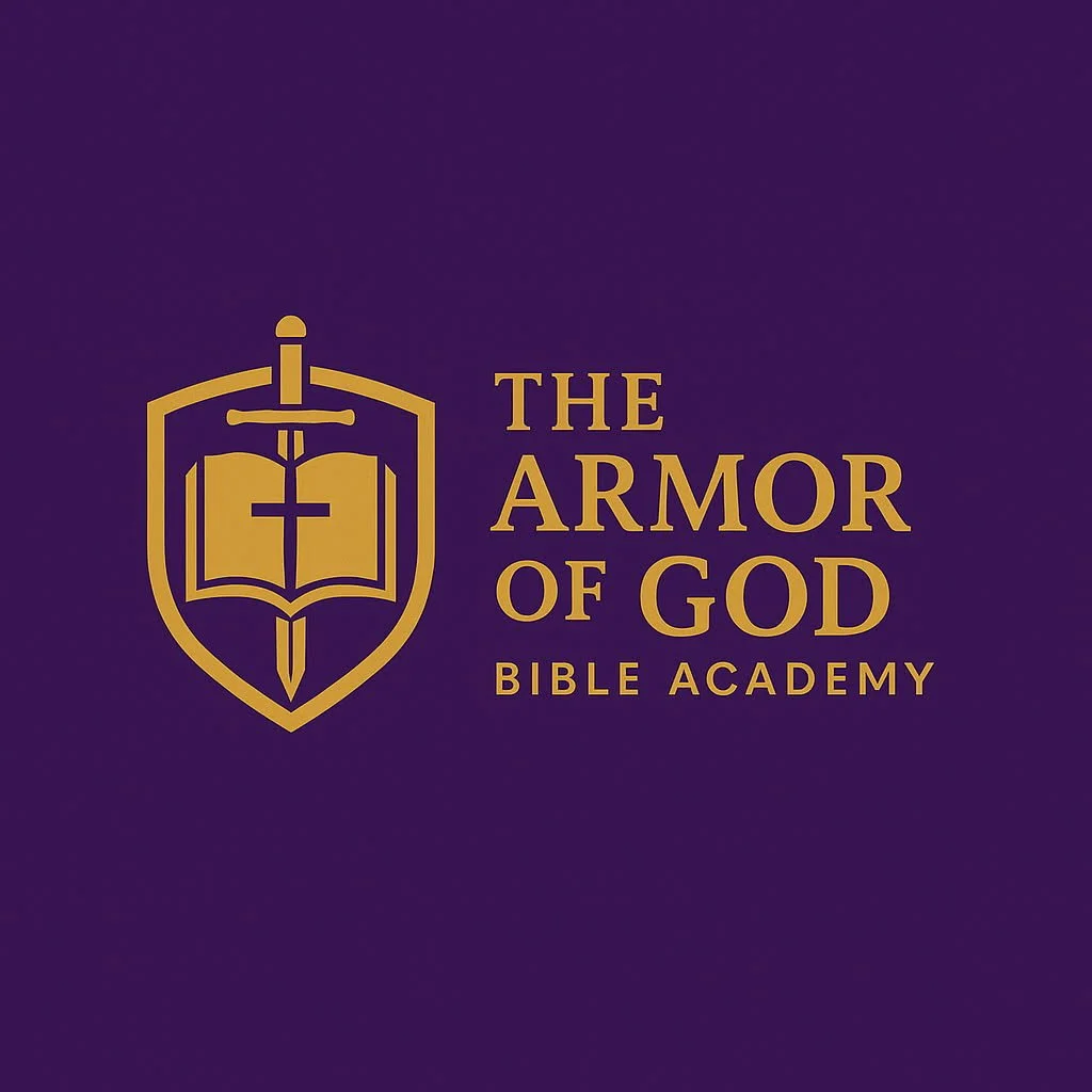 Logo for The Armor of God Bible Academy featuring a shield with a sword, an open Bible, and a cross, in gold on a purple background.