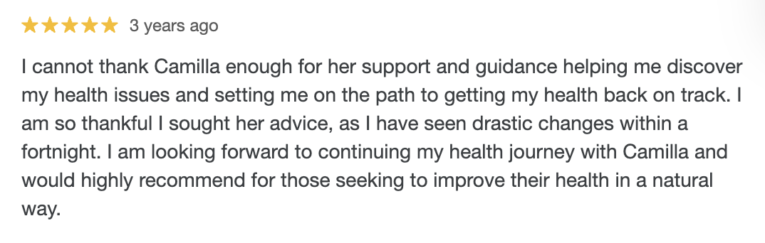 Customer review with five stars, dated three years ago, praising Camilla for support and guidance in improving health.