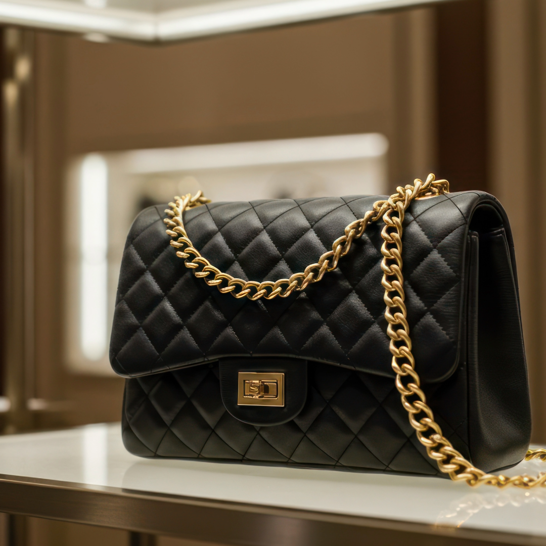 A black quilted leather handbag with a gold chain strap and a gold turn-lock closure, placed on a white surface.