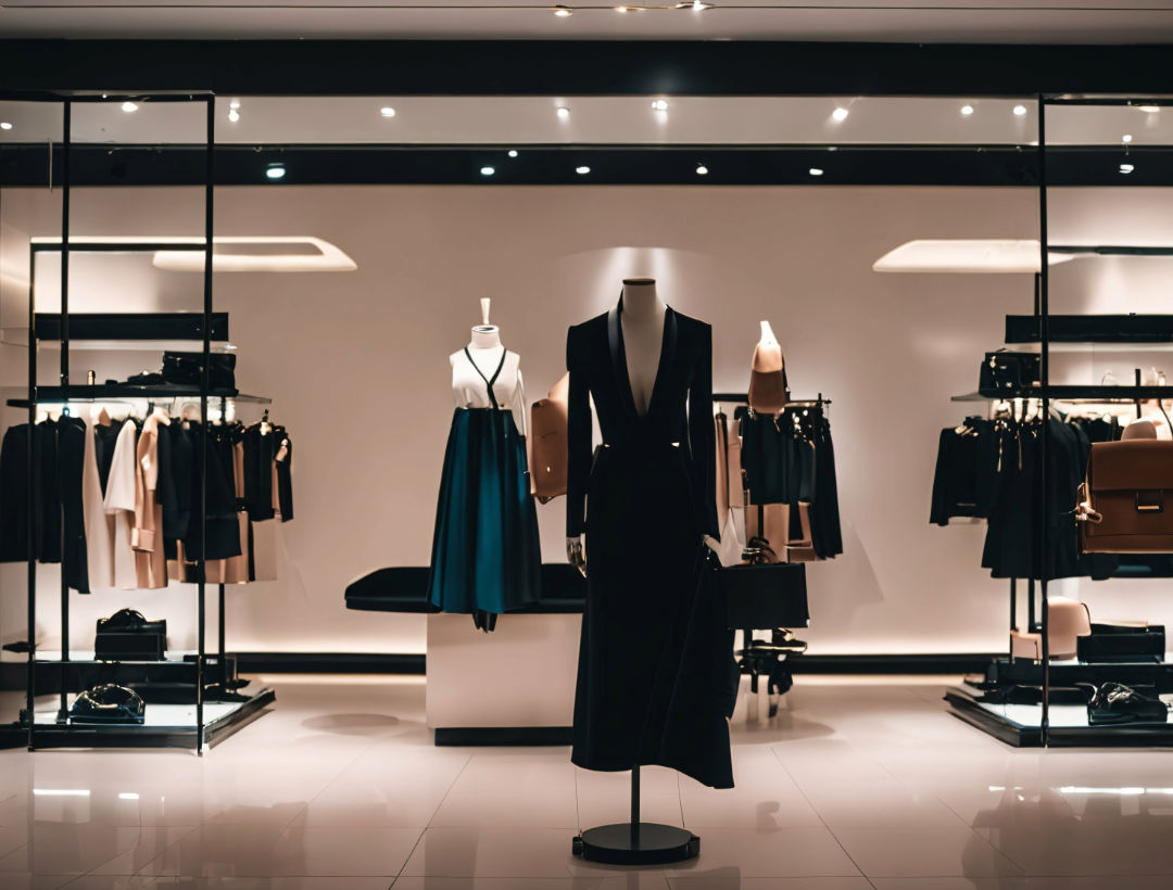 Clothing display inside a boutique or fashion store with mannequins dressed in stylish outfits and clothing racks with various garments.