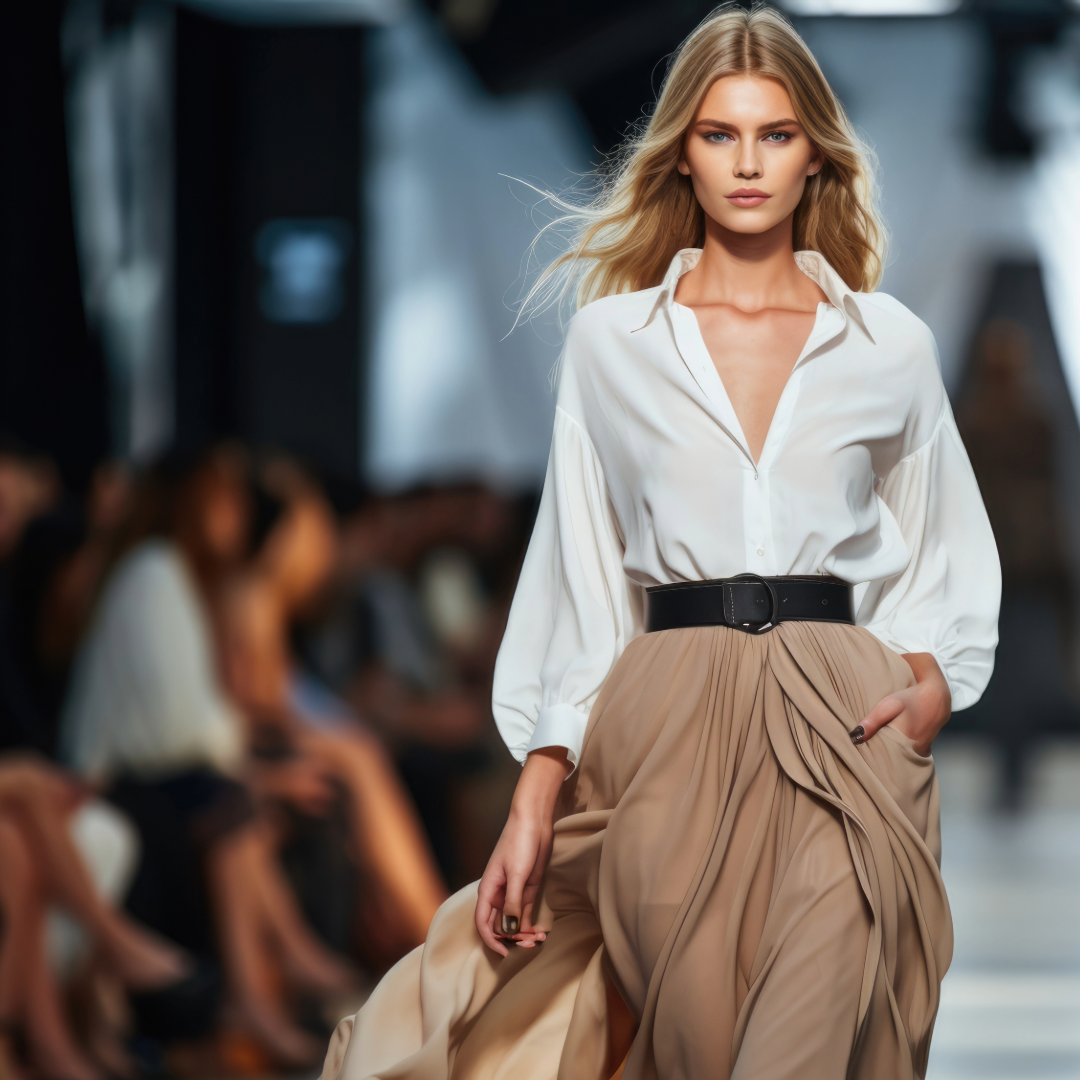Fashion model walking down runway in white blouse and beige skirt during a fashion show.