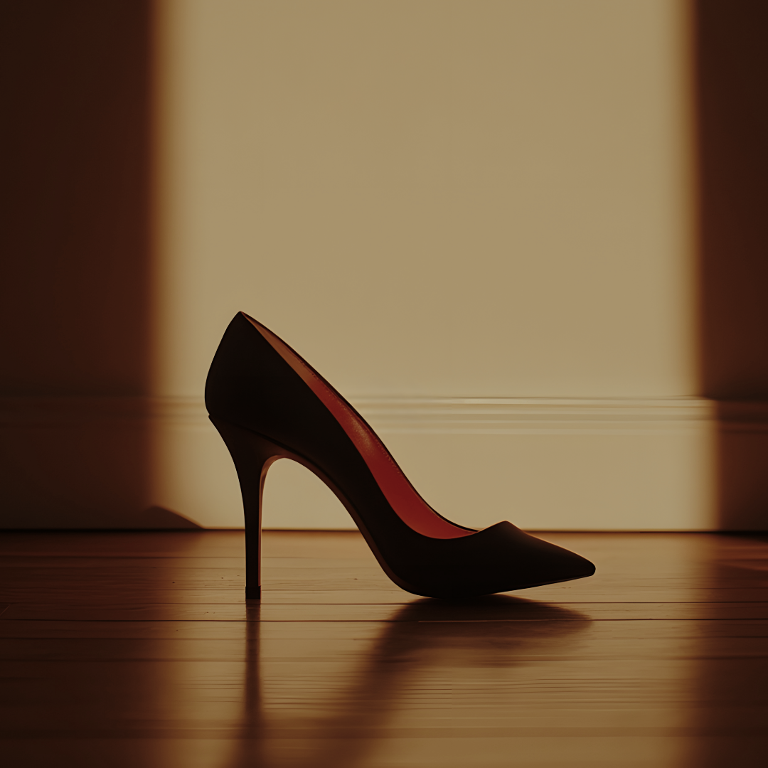 A single black high-heeled shoe with a pointed toe on a wooden floor in front of a beige wall, illuminated by warm light.